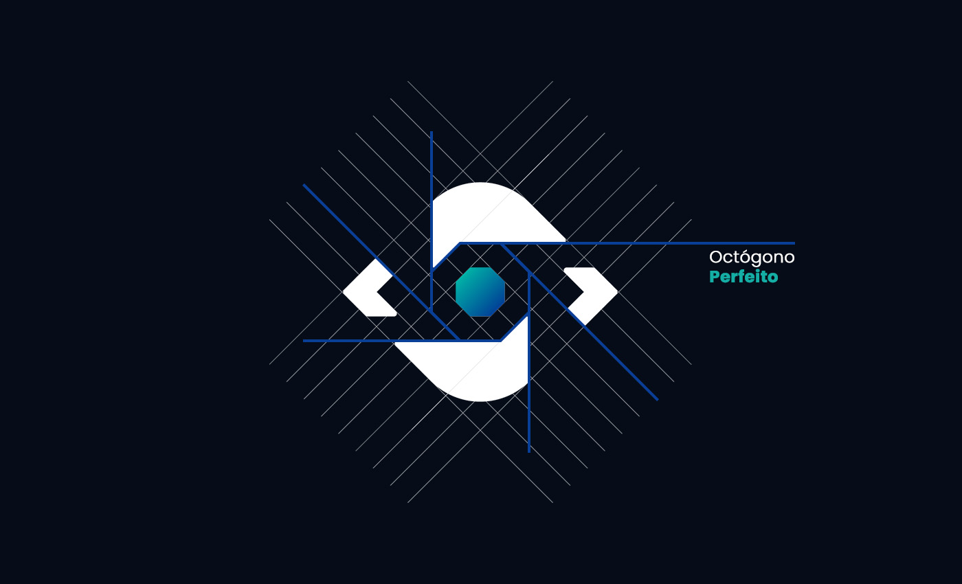 Grid de como foi construído o logosímbolo com escrita direcionando o octógono que se forma no centro do logosímbolo.