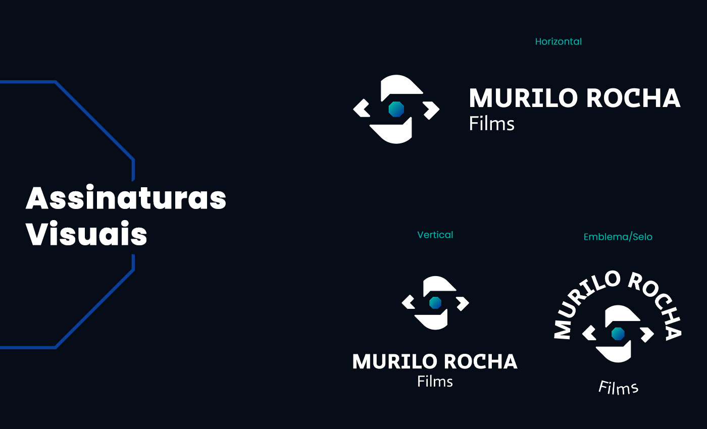 Assinaturas Visuais: Logotipo com o texto Murilo Rocha Films ao lado, Logotipo com o respectivo texto abaixo e logotipo selo/emblema com o respectivo texto envolta do símbolo formando um círculo