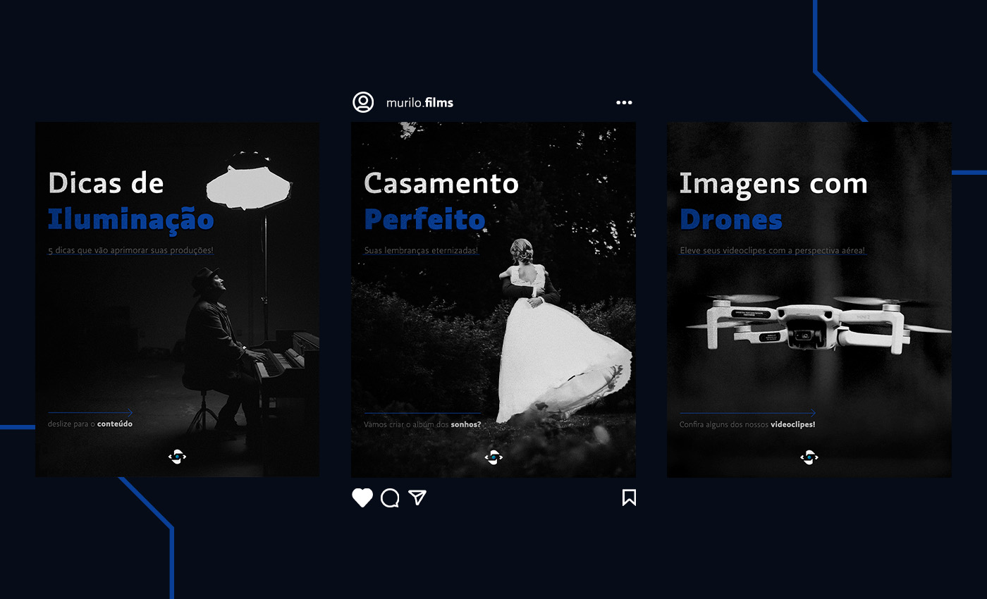 Simulação de 3 posts para o instagram com fotos em preto e branco, escritas em branco e palavras em destaque com o azul e logotipo da Murilo Rocha Films no canto inferior. Sendo os textos: Post 1, Dicas de iluminação. 5 dicas que aprimorar suas produções! Deslize para o conteúdo! Post 2, Casamento Perfeito. Suas lembranças eternizadas! Vamos criar o álbum dos sonhos? Post 3, Imagens com Drones. Eleve seus videoclipes com a perspectiva aérea! Confira alguns dos nossos videoclipes.