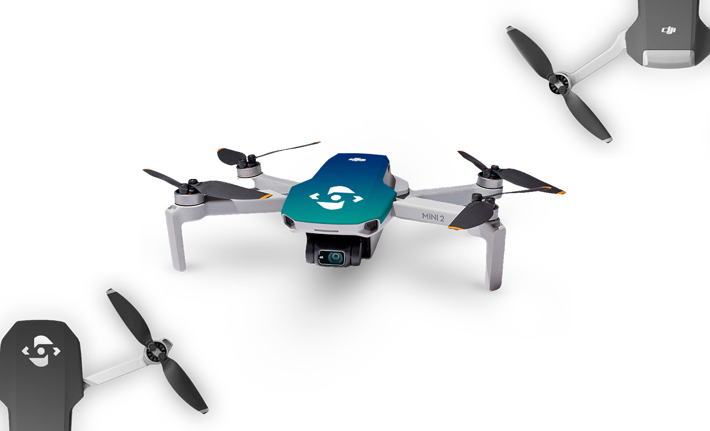 Simulação de como ficaria o drone Mini 2 da DJI com um envelopamento de um gradiente do ciano para o azul violeta e como o logosímbolo em branco a cima.